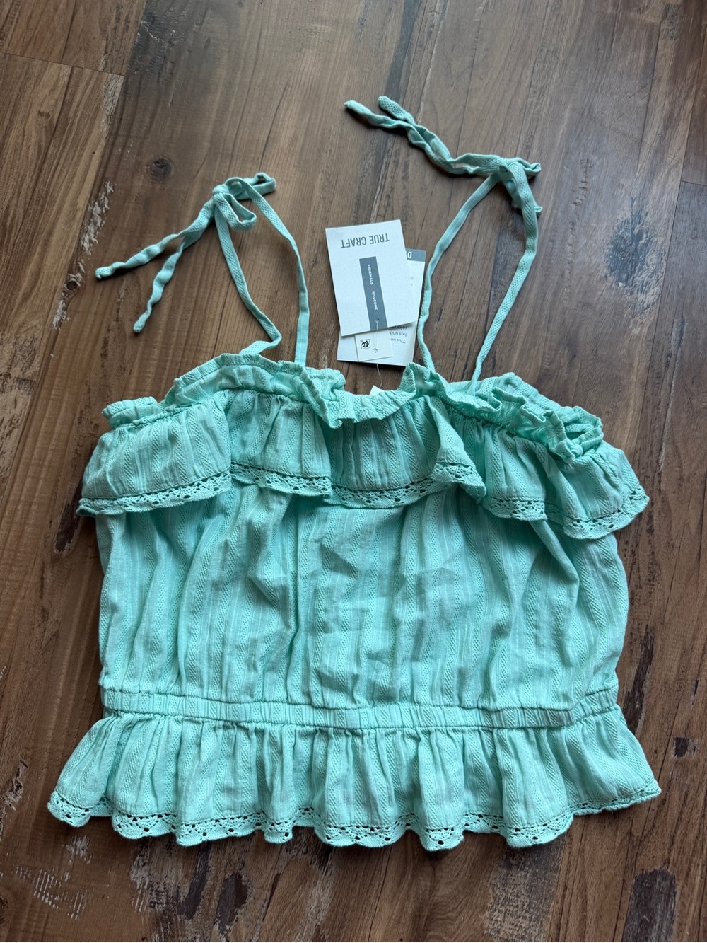 True Craft Mint Ruffle Tie-Shoulder Crop Camisole